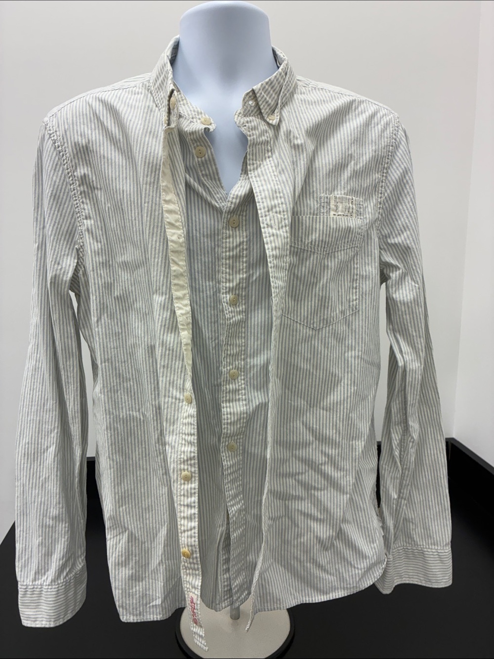All Saints Men’s Light Gray & White Striped Button-Down Shirt (label XL fits M)